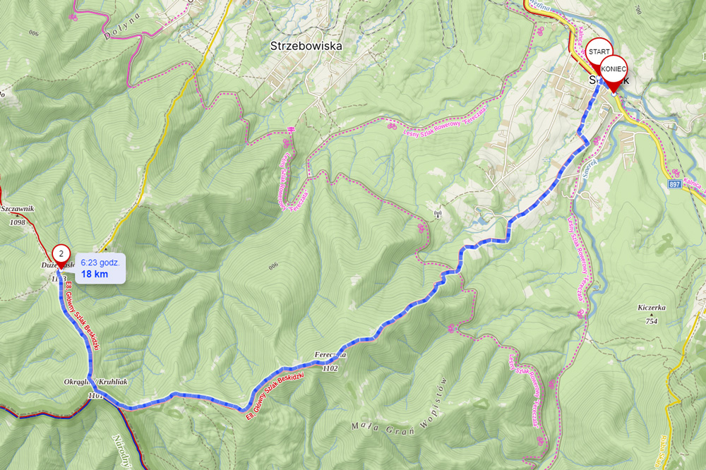 Mapa szlaku górskiego na Fereczatą i górę Jasło w Bieszczadach